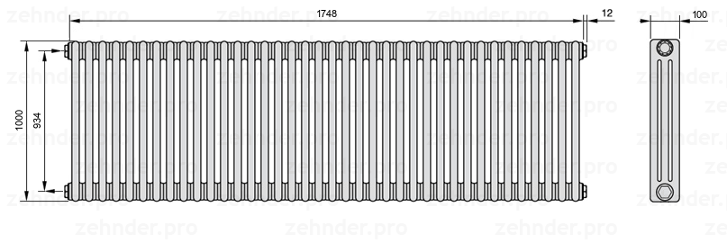 Схема (чертеж) Радиатор Zehnder Charleston 3100/38 №1270 Белый глянцевый RAL 9016